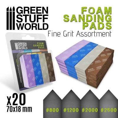 FOAM SANDING PADS - FINE GRIT ASSORTMENT ( GRITS 800/1200/2000/2500 ) 20PCS - GREEN STUFF 10976